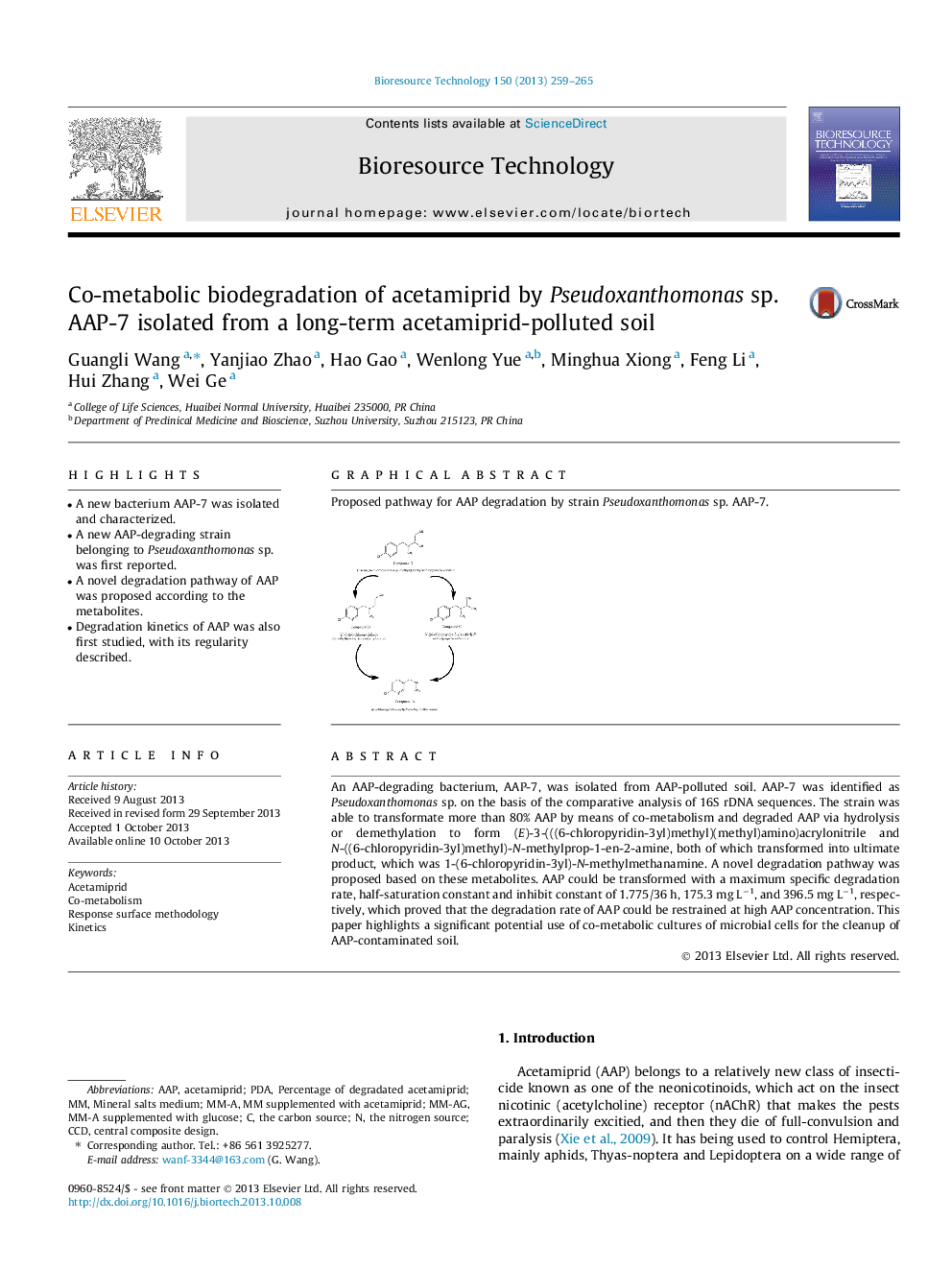 Co-metabolic biodegradation of acetamiprid by Pseudoxanthomonas sp. AAP-7 isolated from a long-term acetamiprid-polluted soil