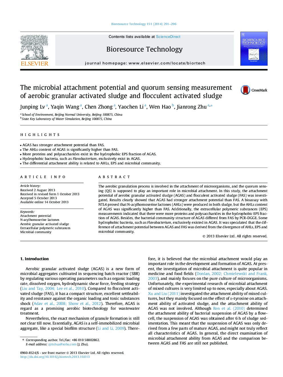 The microbial attachment potential and quorum sensing measurement of aerobic granular activated sludge and flocculent activated sludge