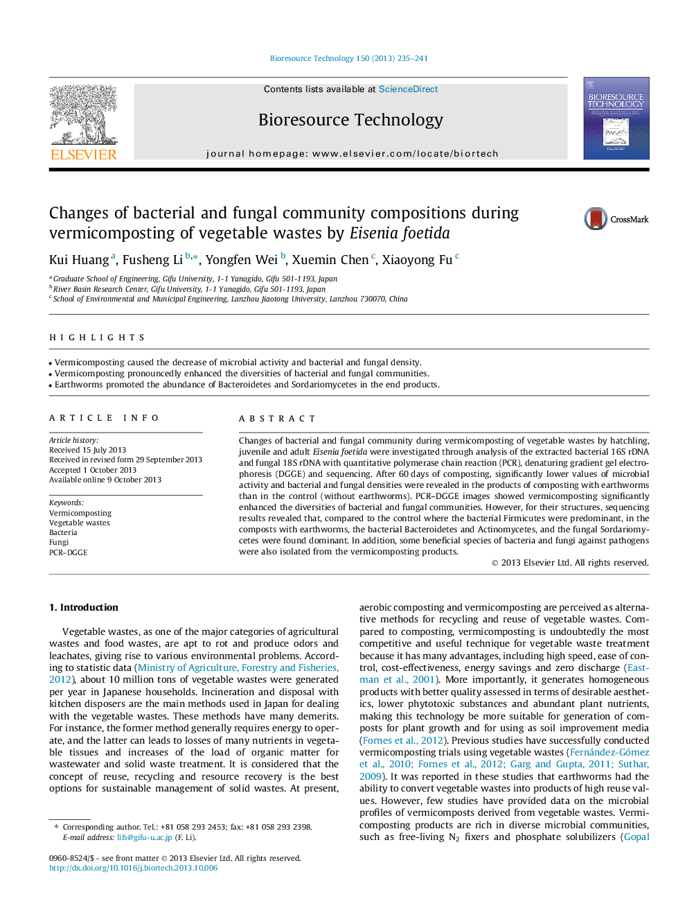 Changes of bacterial and fungal community compositions during vermicomposting of vegetable wastes by Eisenia foetida