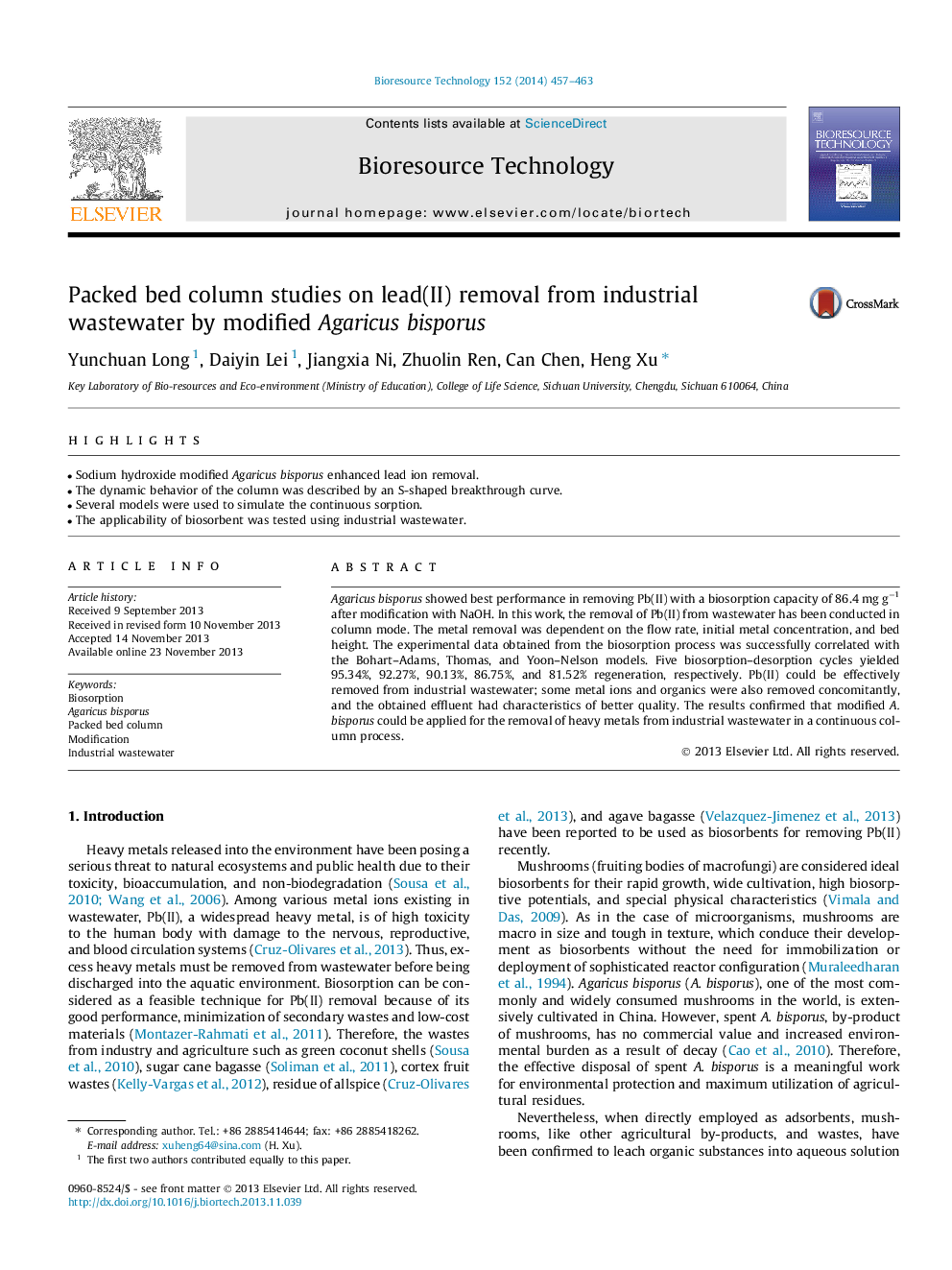 Packed bed column studies on lead(II) removal from industrial wastewater by modified Agaricus bisporus