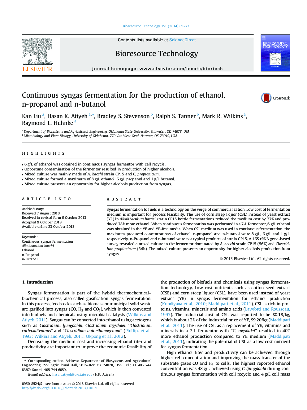 Continuous syngas fermentation for the production of ethanol, n-propanol and n-butanol