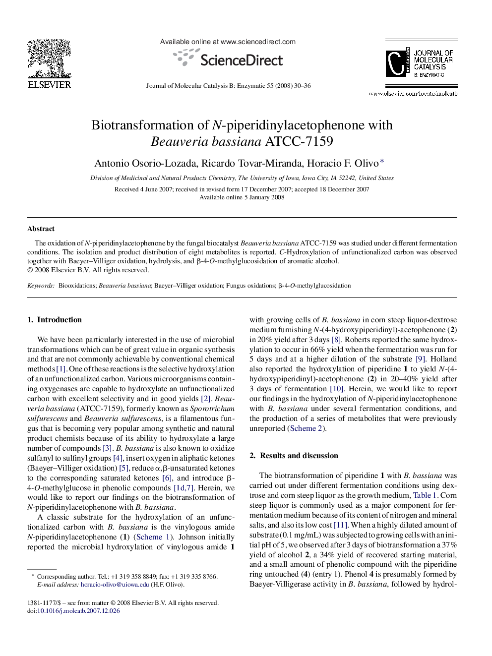 Biotransformation of N-piperidinylacetophenone with Beauveria bassiana ATCC-7159