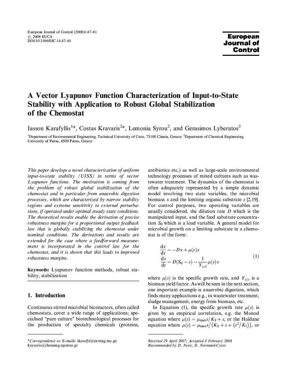 A Vector Lyapunov Function Characterization of Input-to-State Stability with Application to Robust Global Stabilization of the Chemostat