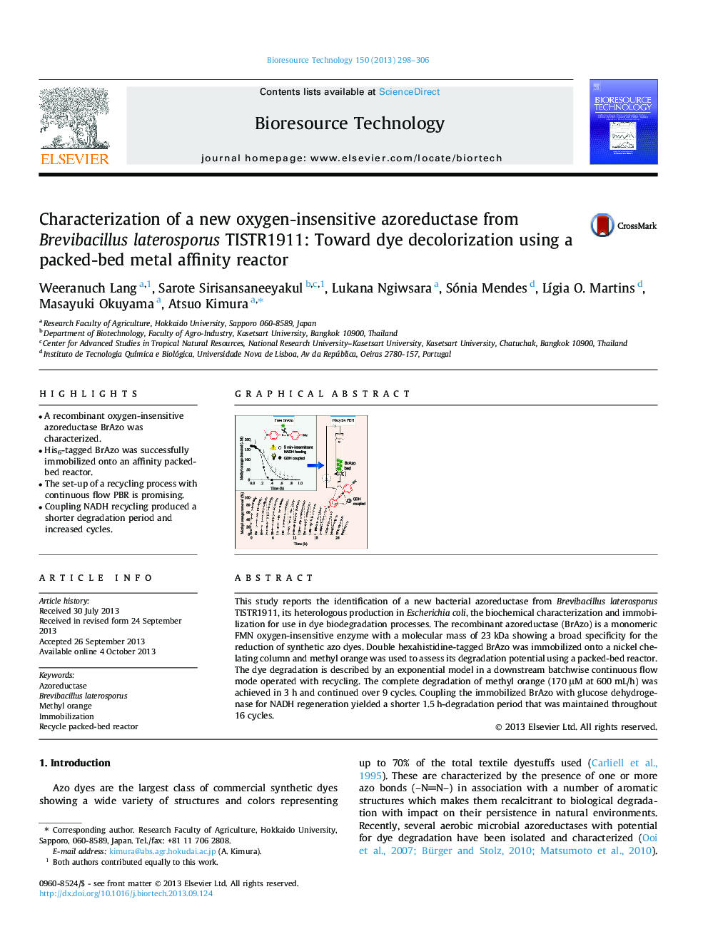 Characterization of a new oxygen-insensitive azoreductase from Brevibacillus laterosporus TISTR1911: Toward dye decolorization using a packed-bed metal affinity reactor