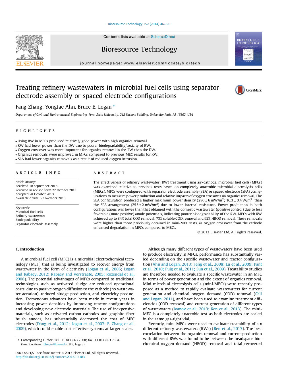 Treating refinery wastewaters in microbial fuel cells using separator electrode assembly or spaced electrode configurations