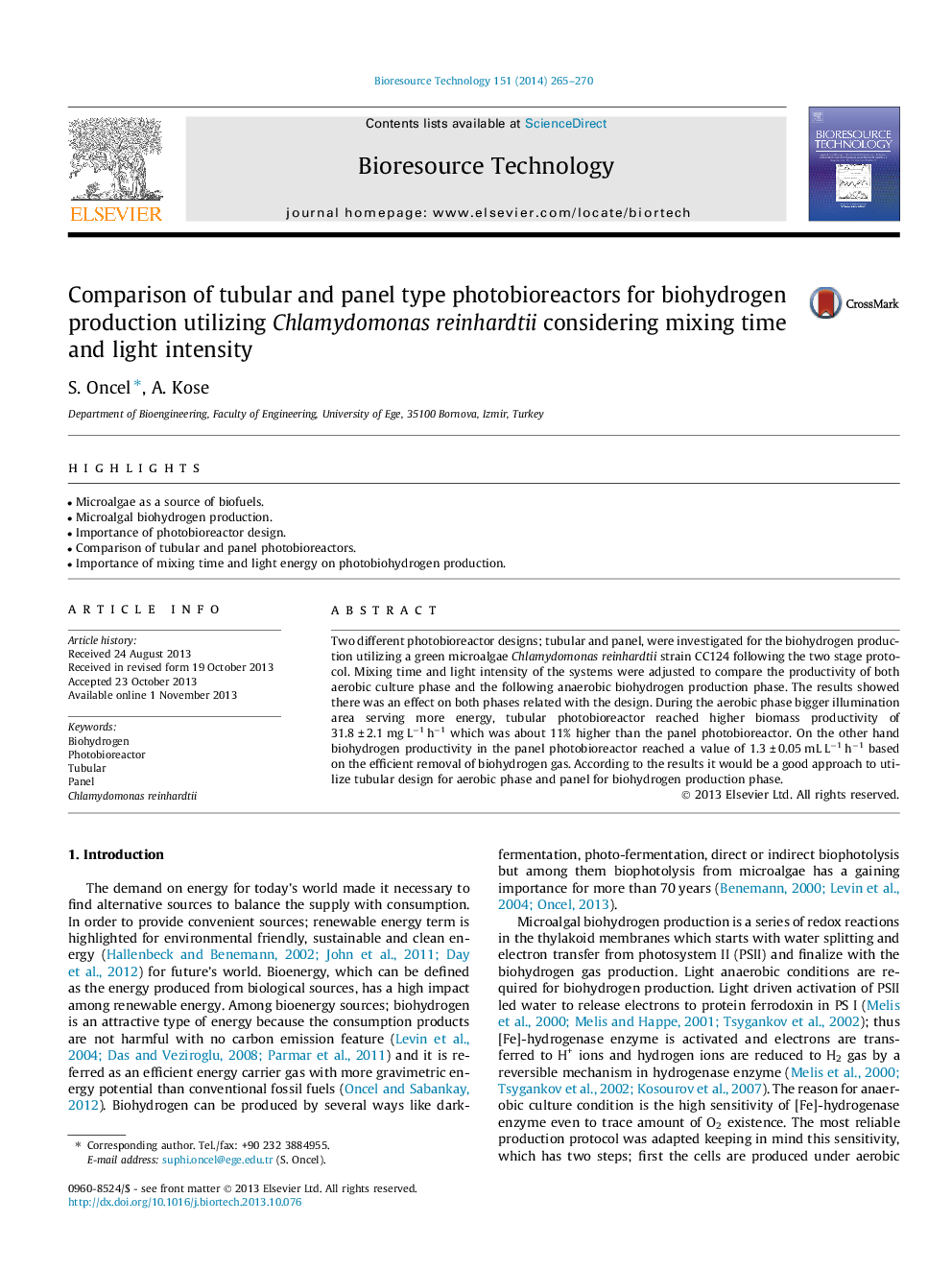 Comparison of tubular and panel type photobioreactors for biohydrogen production utilizing Chlamydomonas reinhardtii considering mixing time and light intensity