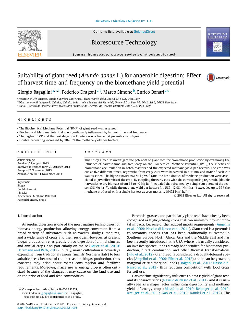 Suitability of giant reed (Arundo donax L.) for anaerobic digestion: Effect of harvest time and frequency on the biomethane yield potential