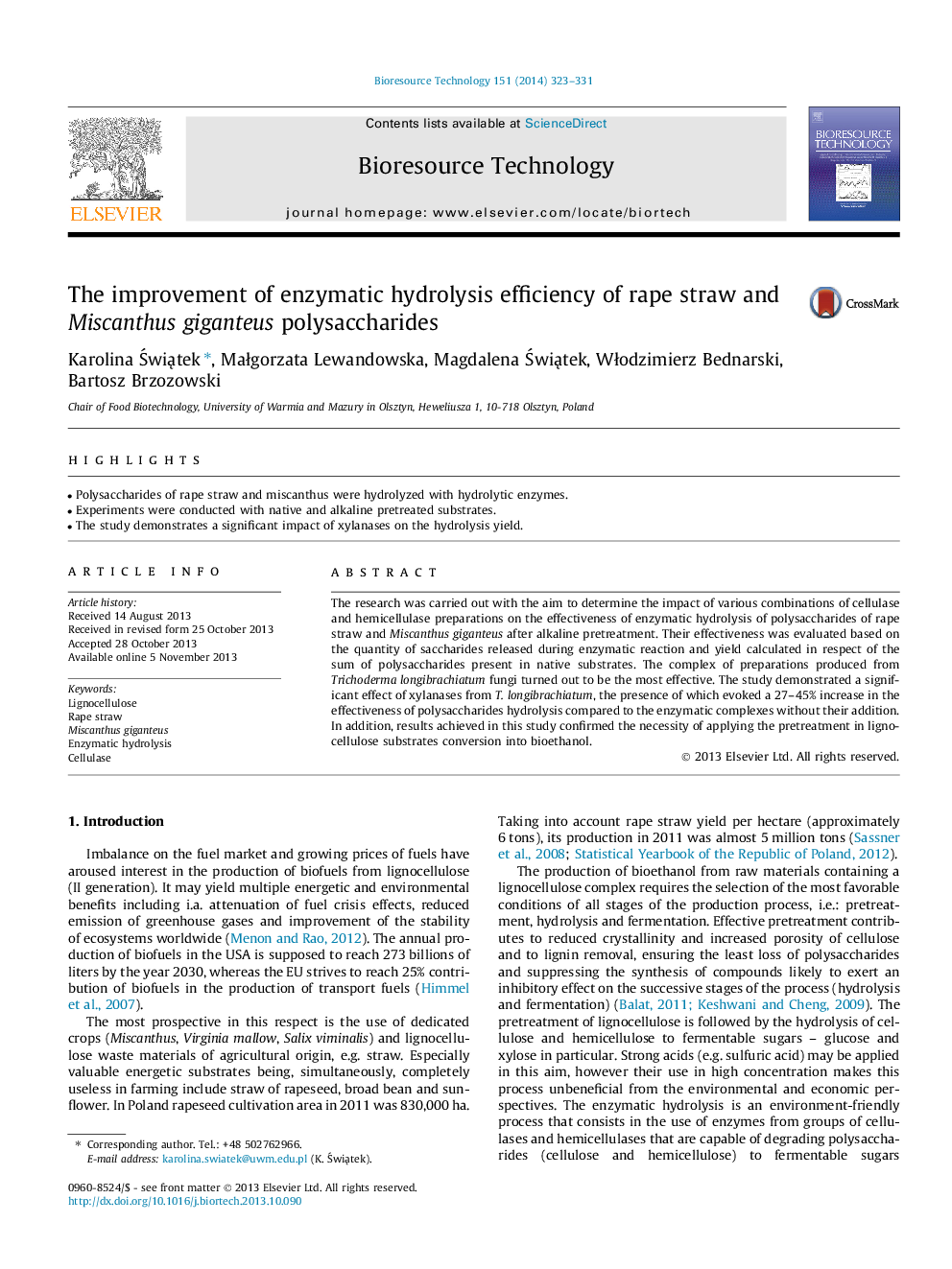 The improvement of enzymatic hydrolysis efficiency of rape straw and Miscanthus giganteus polysaccharides