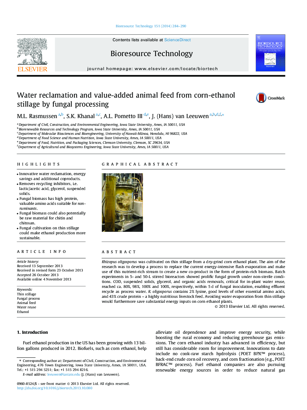 Water reclamation and value-added animal feed from corn-ethanol stillage by fungal processing