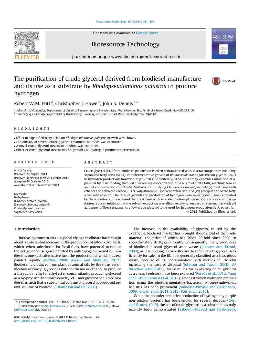 The purification of crude glycerol derived from biodiesel manufacture and its use as a substrate by Rhodopseudomonas palustris to produce hydrogen