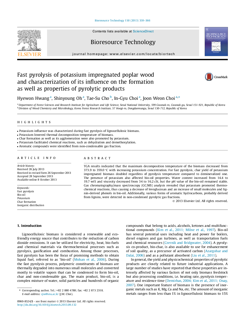 Fast pyrolysis of potassium impregnated poplar wood and characterization of its influence on the formation as well as properties of pyrolytic products