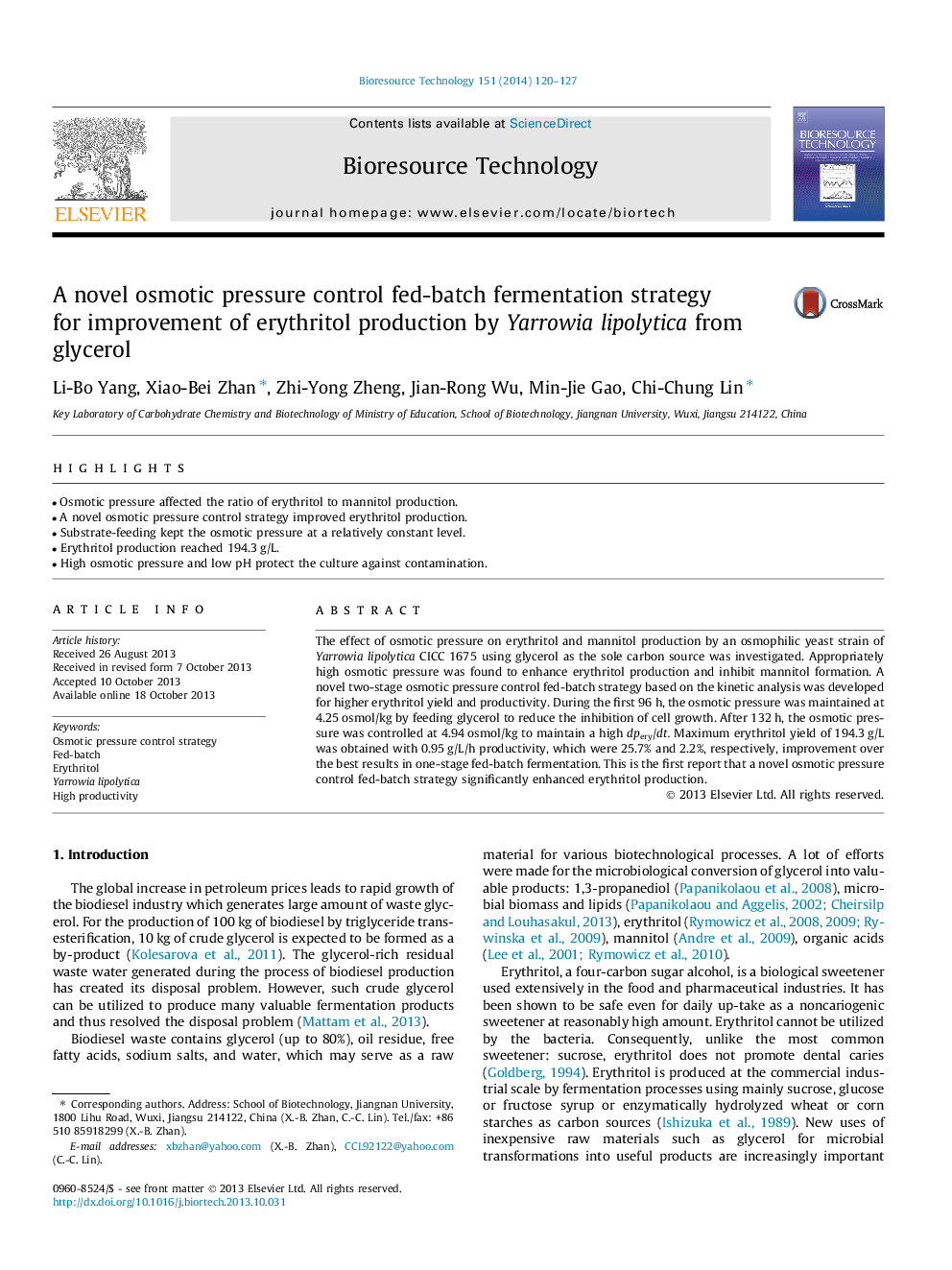 A novel osmotic pressure control fed-batch fermentation strategy for improvement of erythritol production by Yarrowia lipolytica from glycerol