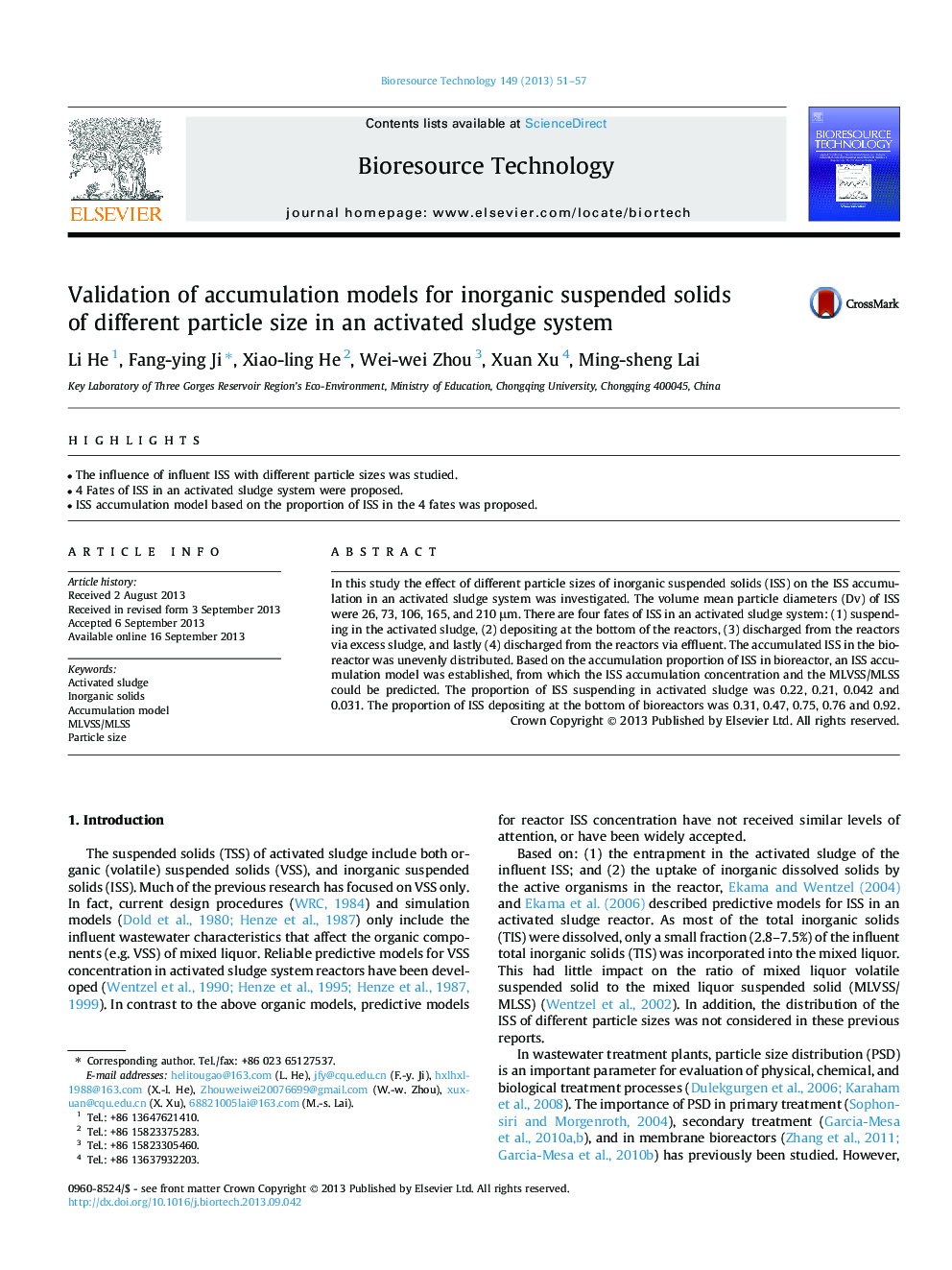 Validation of accumulation models for inorganic suspended solids of different particle size in an activated sludge system