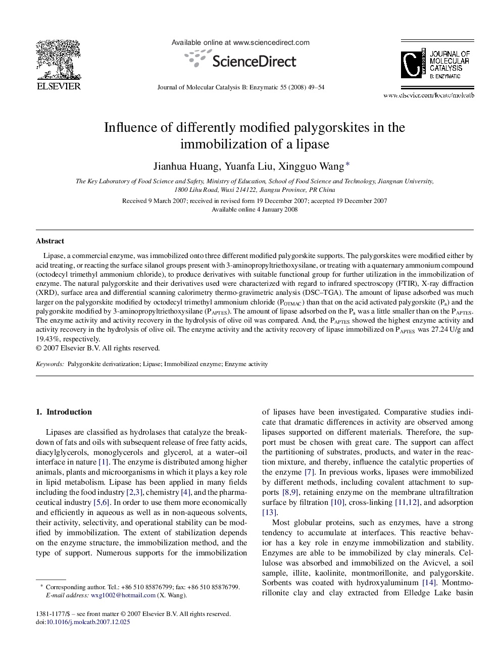 Influence of differently modified palygorskites in the immobilization of a lipase