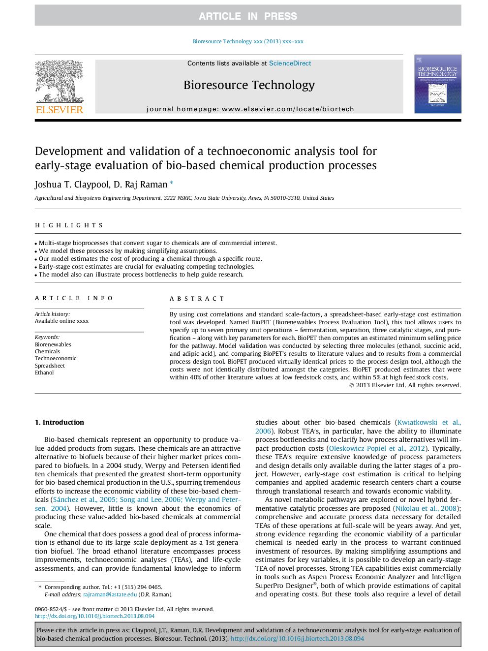 Development and validation of a technoeconomic analysis tool for early-stage evaluation of bio-based chemical production processes