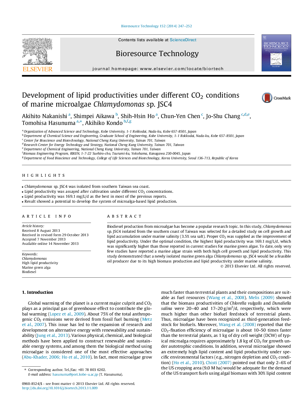 Development of lipid productivities under different CO2 conditions of marine microalgae Chlamydomonas sp. JSC4