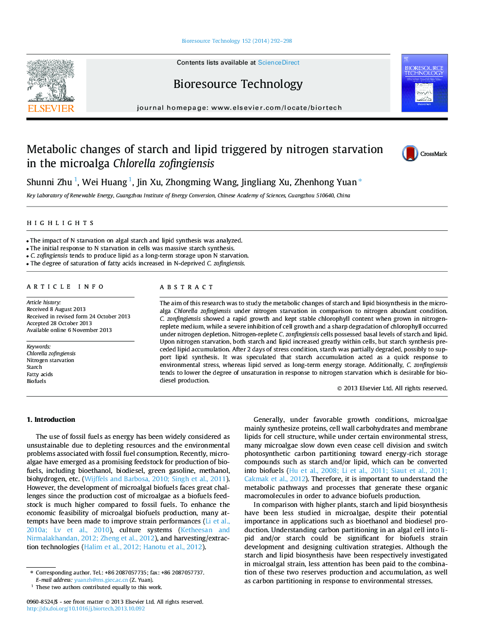 Metabolic changes of starch and lipid triggered by nitrogen starvation in the microalga Chlorella zofingiensis