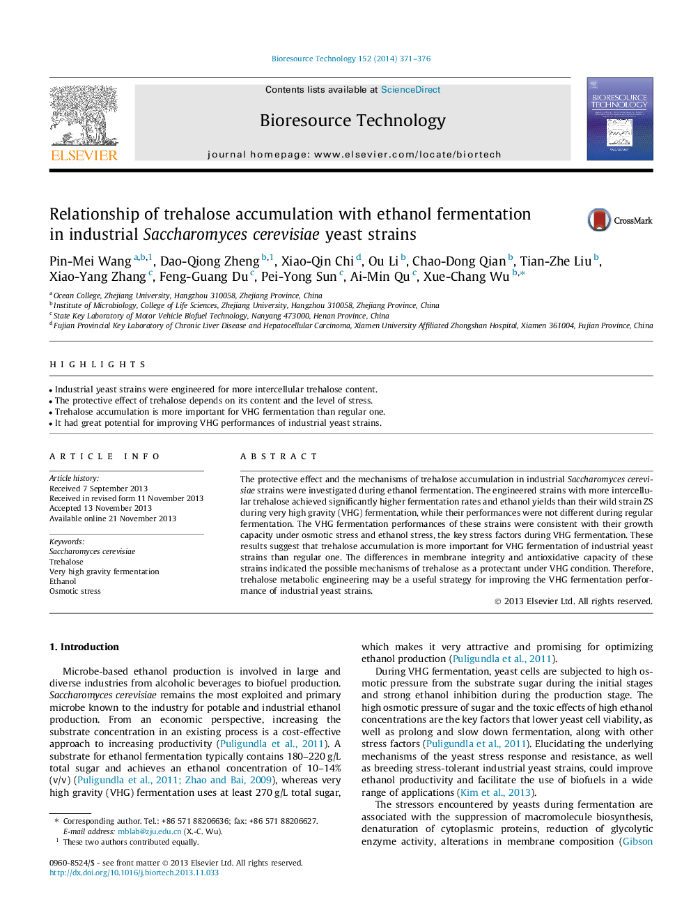 Relationship of trehalose accumulation with ethanol fermentation in industrial Saccharomyces cerevisiae yeast strains