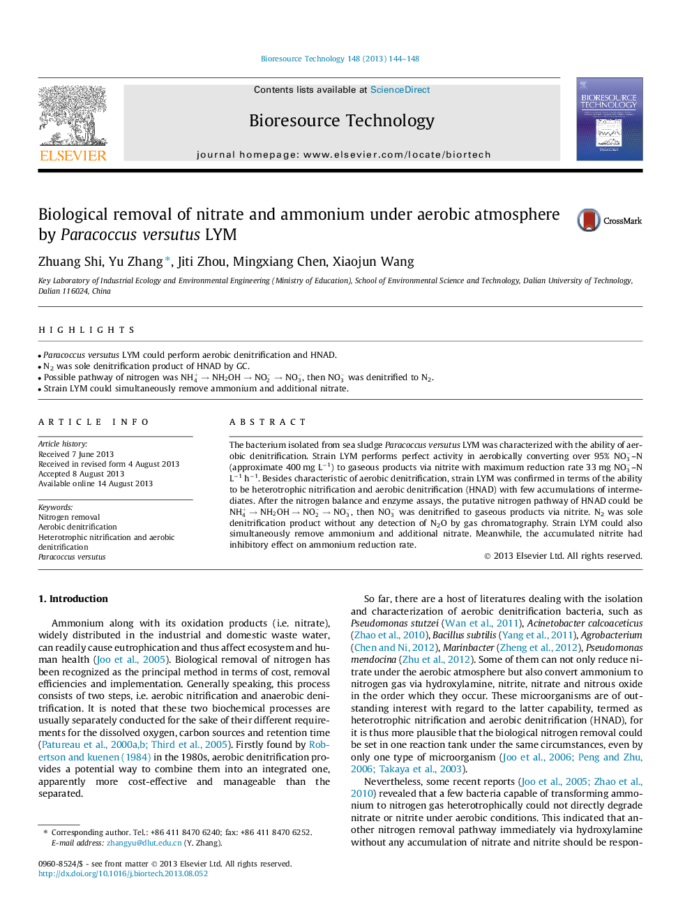 Biological removal of nitrate and ammonium under aerobic atmosphere by Paracoccus versutus LYM