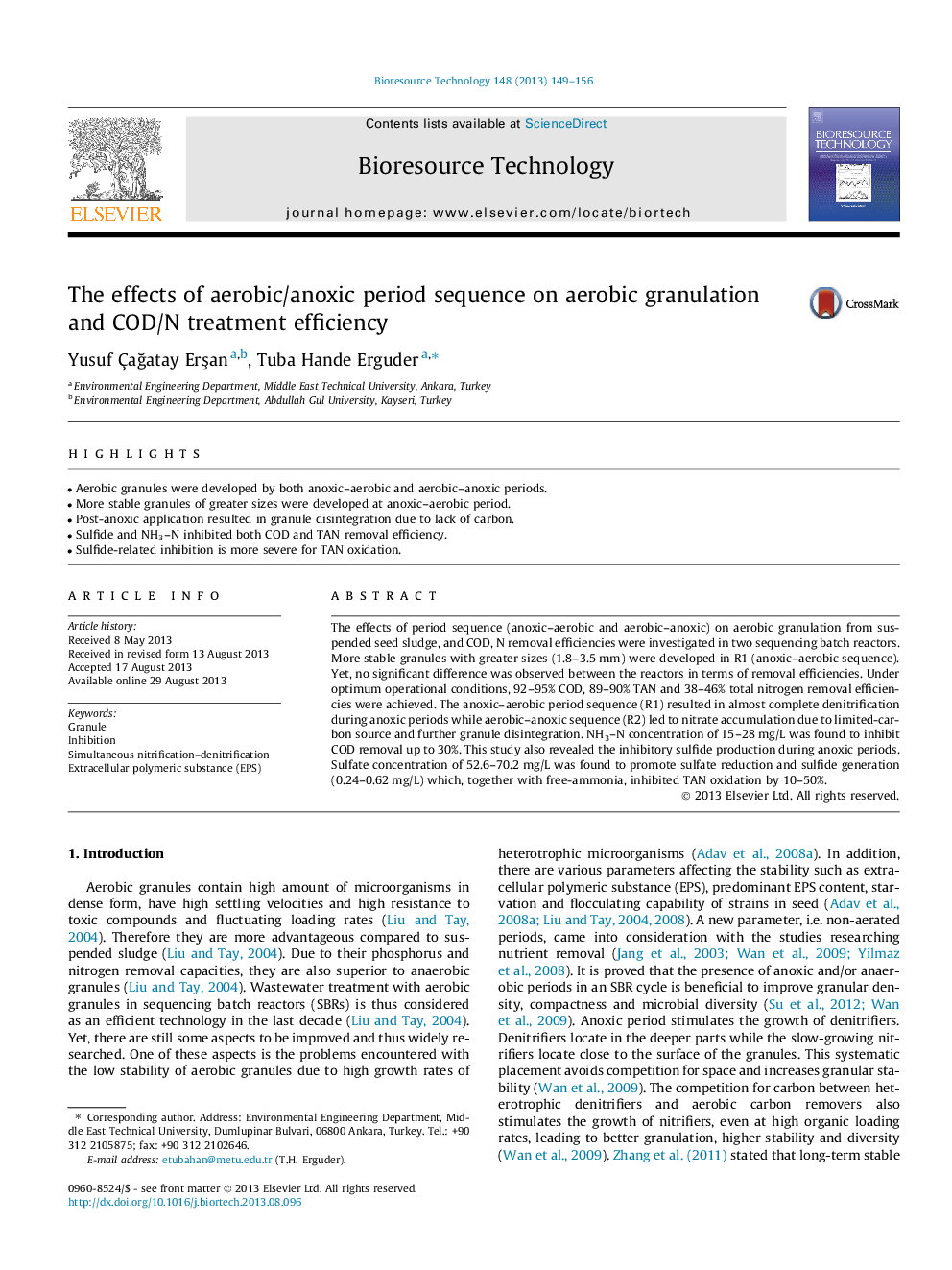 The effects of aerobic/anoxic period sequence on aerobic granulation and COD/N treatment efficiency