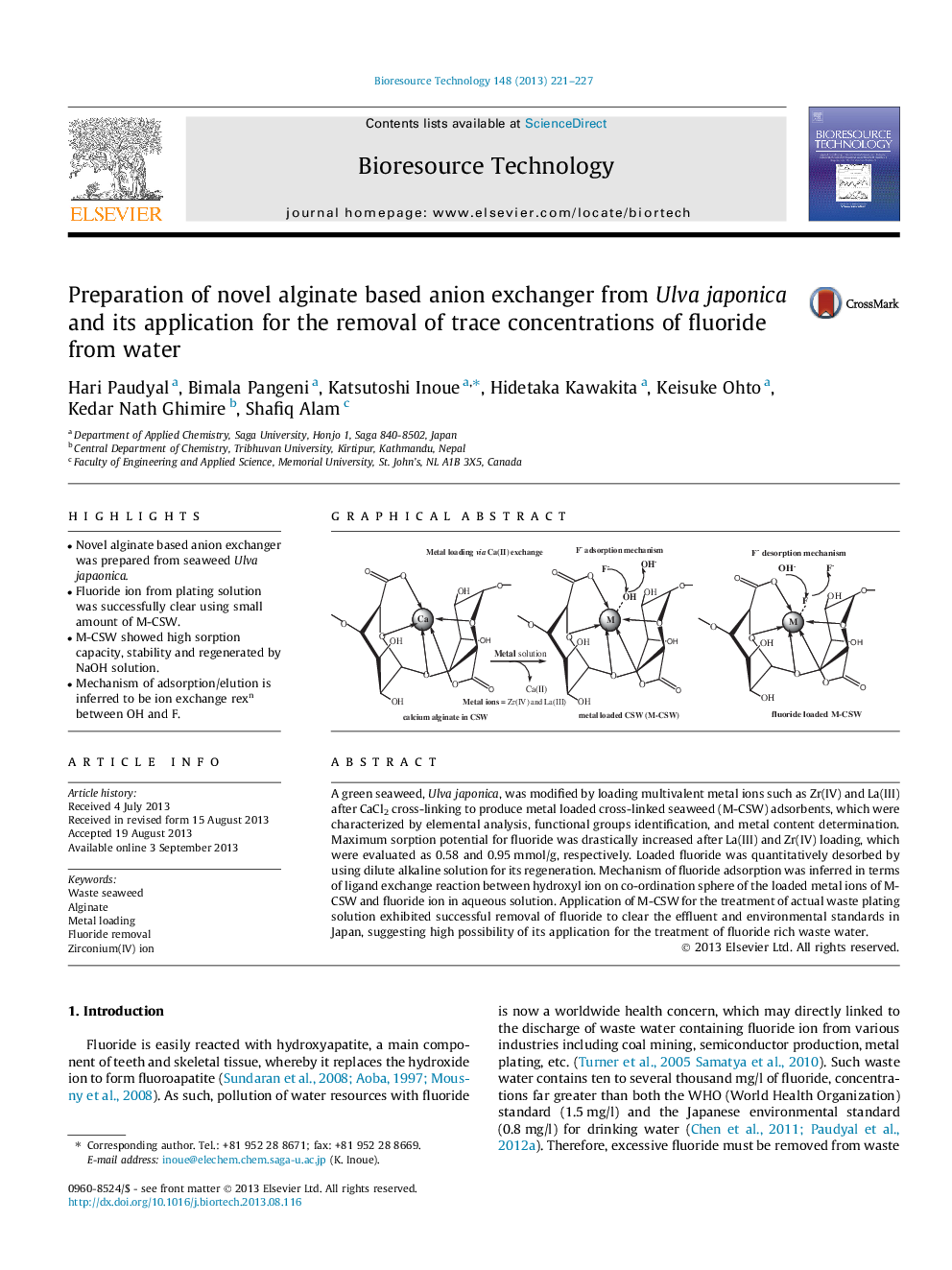 Preparation of novel alginate based anion exchanger from Ulva japonica and its application for the removal of trace concentrations of fluoride from water