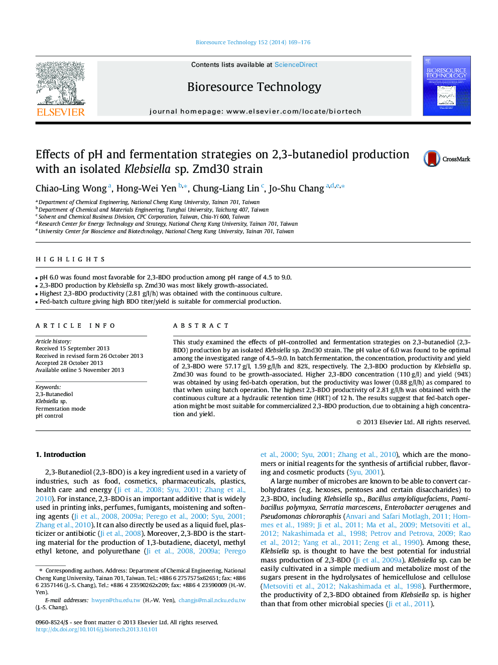 Effects of pH and fermentation strategies on 2,3-butanediol production with an isolated Klebsiella sp. Zmd30 strain