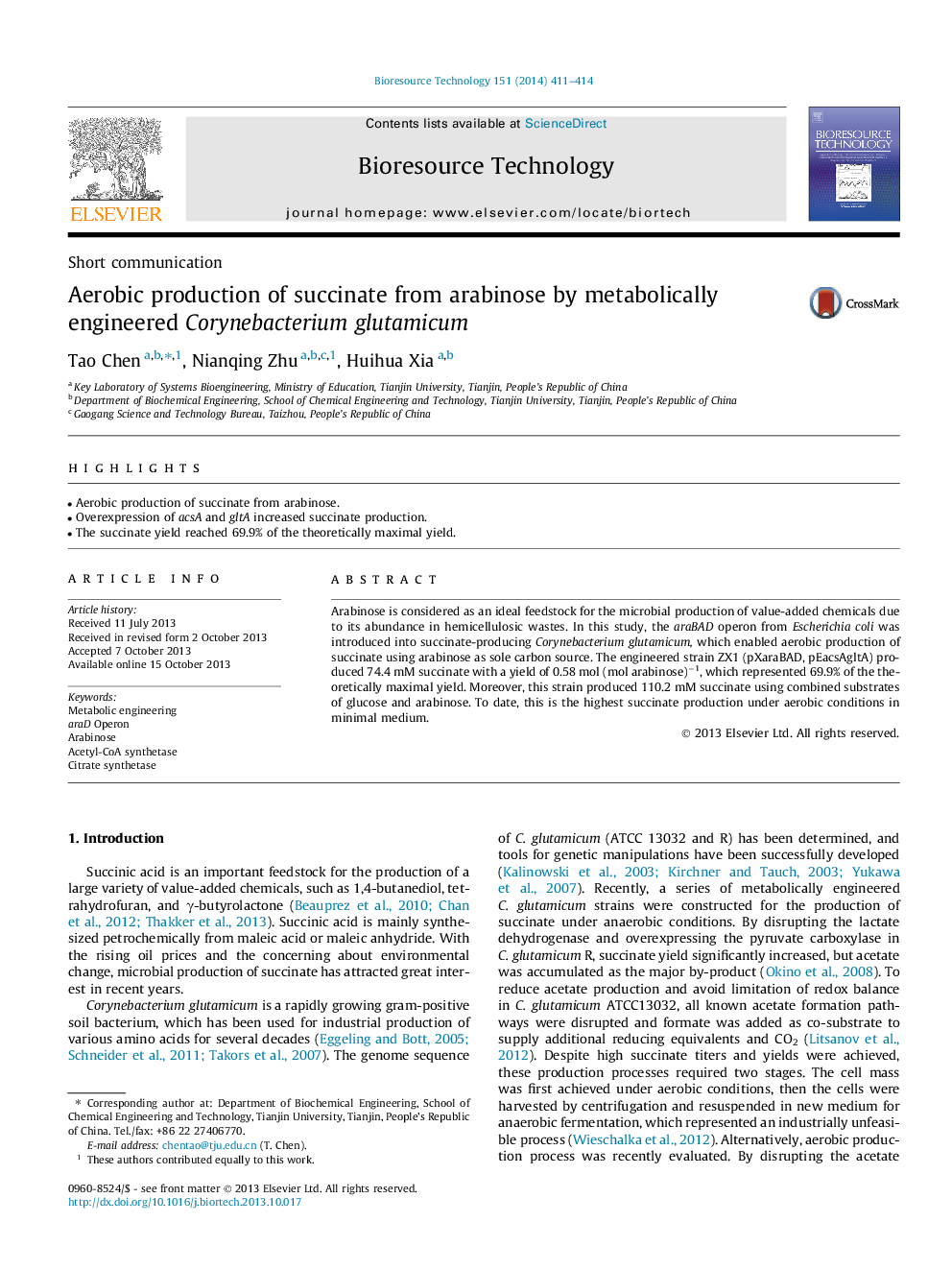 Aerobic production of succinate from arabinose by metabolically engineered Corynebacterium glutamicum