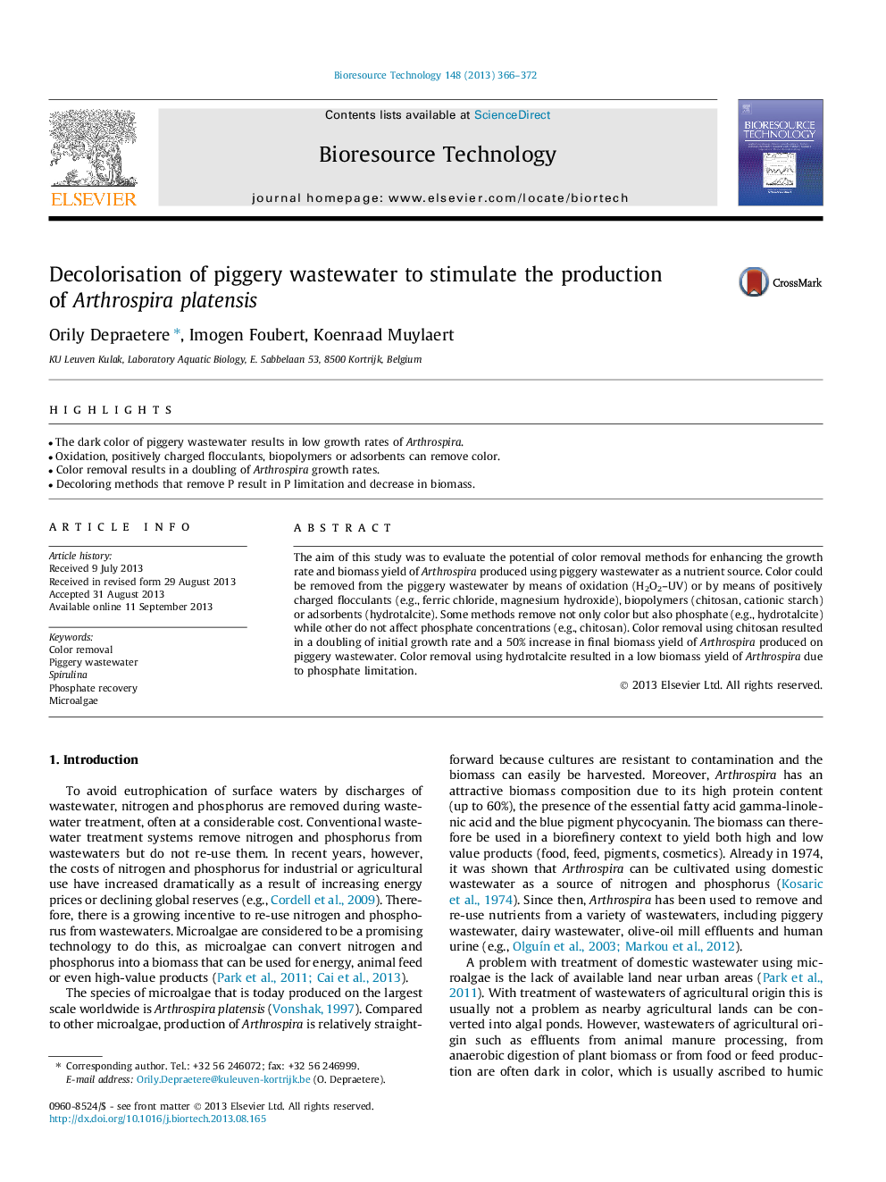 Decolorisation of piggery wastewater to stimulate the production of Arthrospira platensis