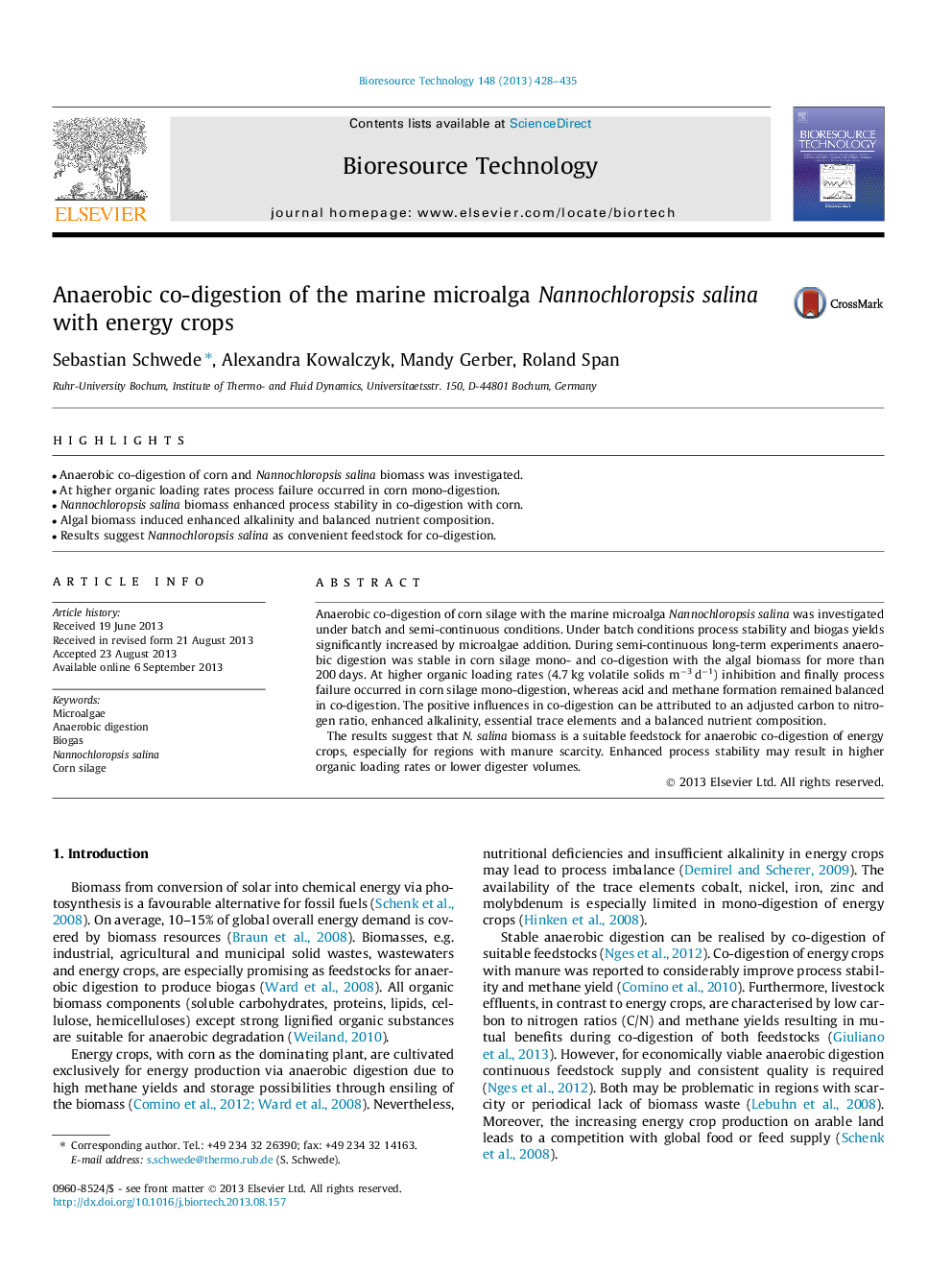 Anaerobic co-digestion of the marine microalga Nannochloropsis salina with energy crops