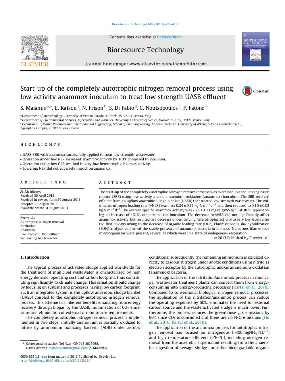 Start-up of the completely autotrophic nitrogen removal process using low activity anammox inoculum to treat low strength UASB effluent