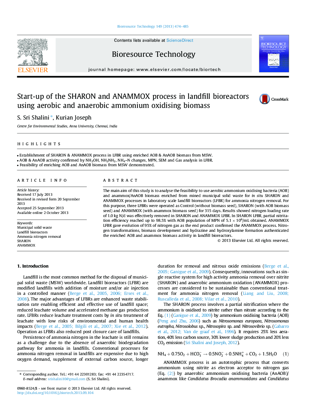 Start-up of the SHARON and ANAMMOX process in landfill bioreactors using aerobic and anaerobic ammonium oxidising biomass