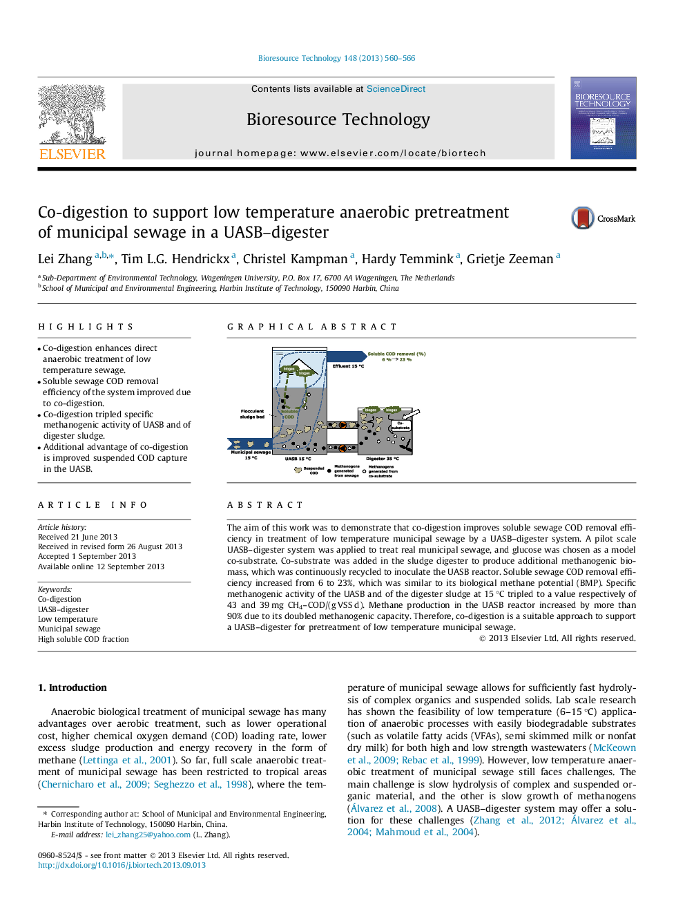 Co-digestion to support low temperature anaerobic pretreatment of municipal sewage in a UASB-digester