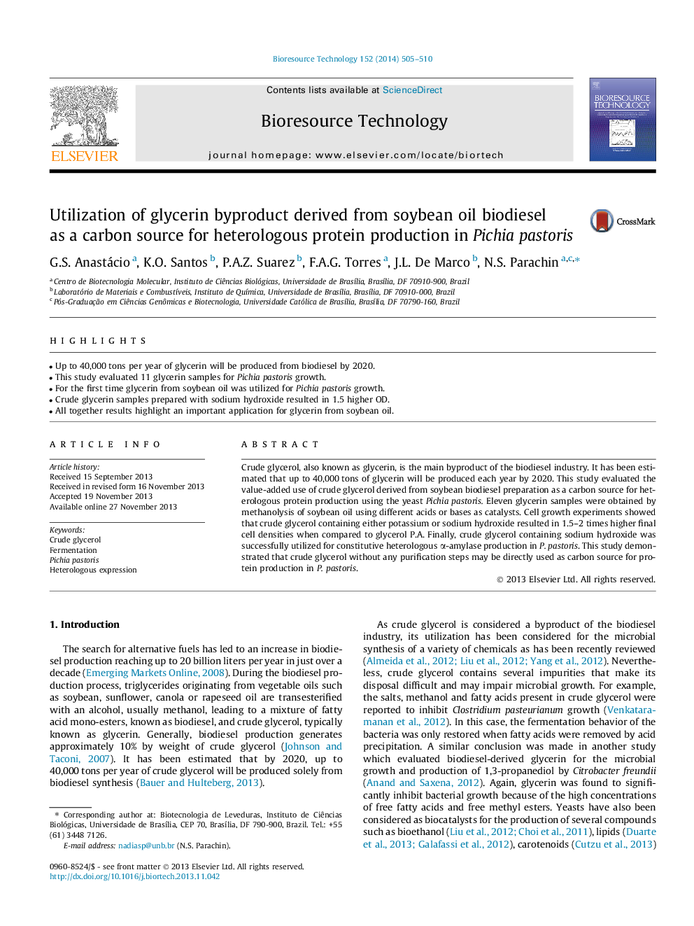 Utilization of glycerin byproduct derived from soybean oil biodiesel as a carbon source for heterologous protein production in Pichia pastoris