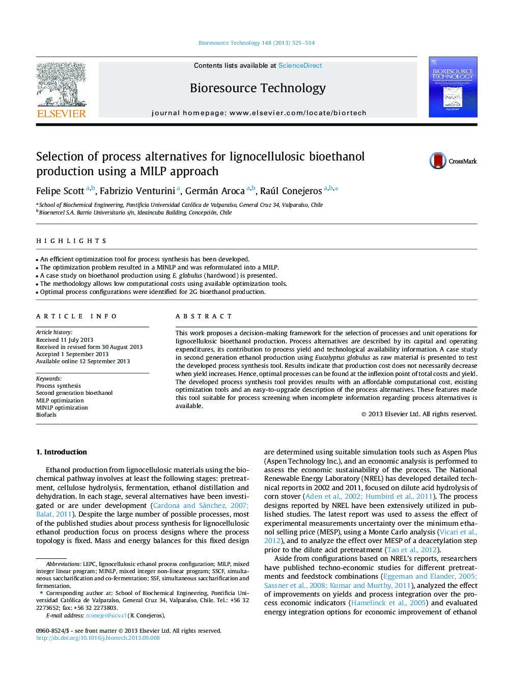 Selection of process alternatives for lignocellulosic bioethanol production using a MILP approach