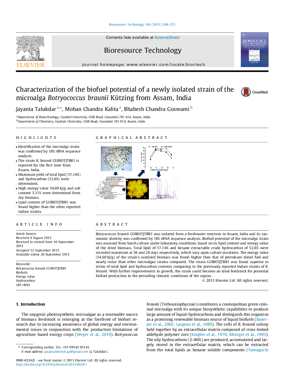 Characterization of the biofuel potential of a newly isolated strain of the microalga Botryococcus braunii Kützing from Assam, India