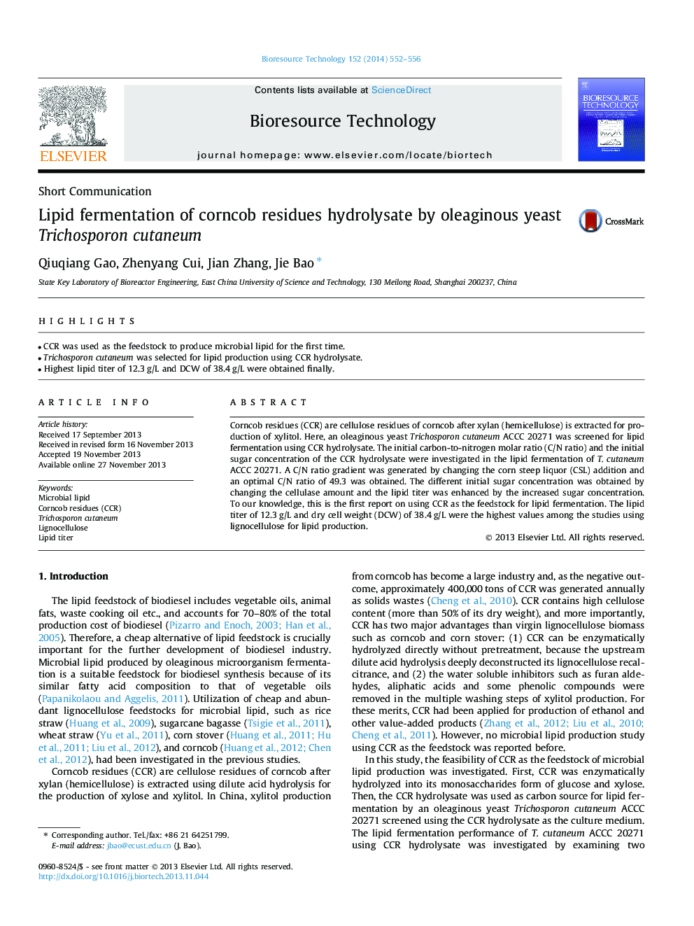 Lipid fermentation of corncob residues hydrolysate by oleaginous yeast Trichosporon cutaneum