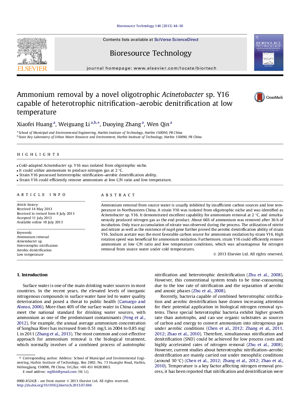 Ammonium removal by a novel oligotrophic Acinetobacter sp. Y16 capable of heterotrophic nitrification-aerobic denitrification at low temperature