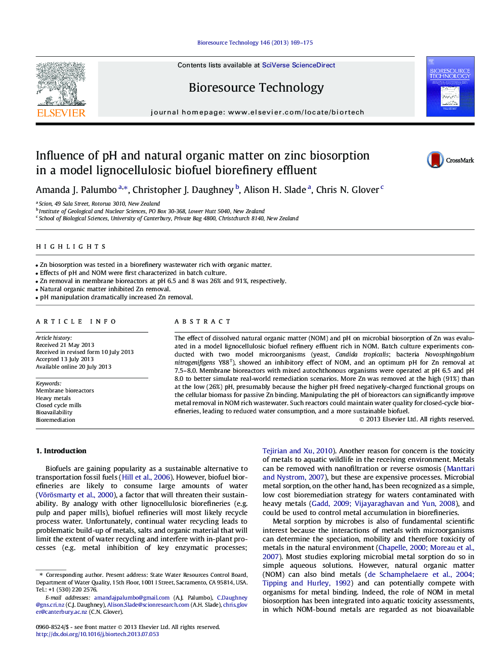 Influence of pH and natural organic matter on zinc biosorption in a model lignocellulosic biofuel biorefinery effluent