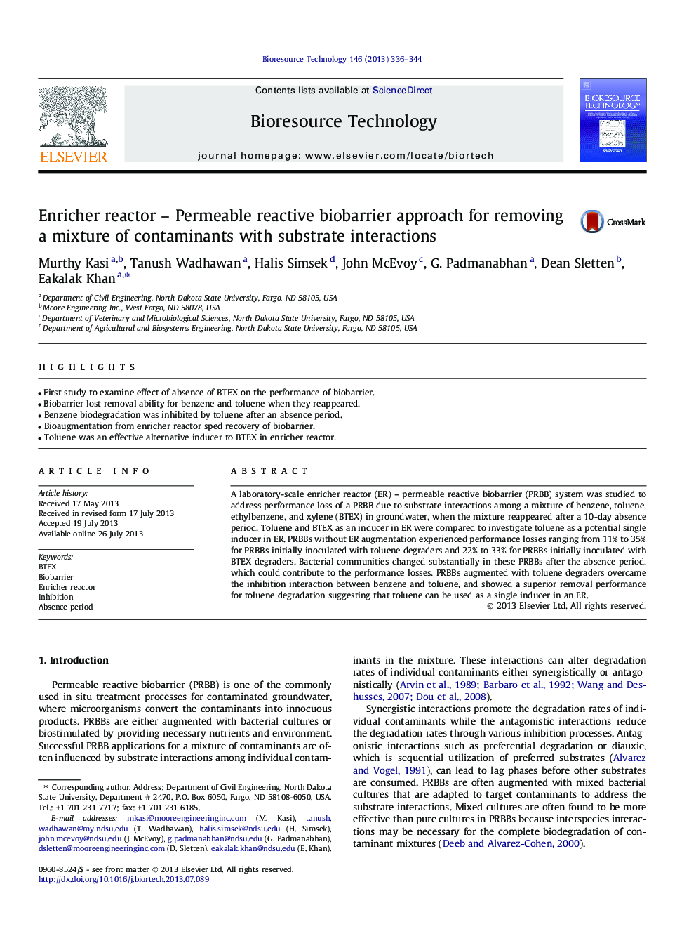 Enricher reactor - Permeable reactive biobarrier approach for removing a mixture of contaminants with substrate interactions