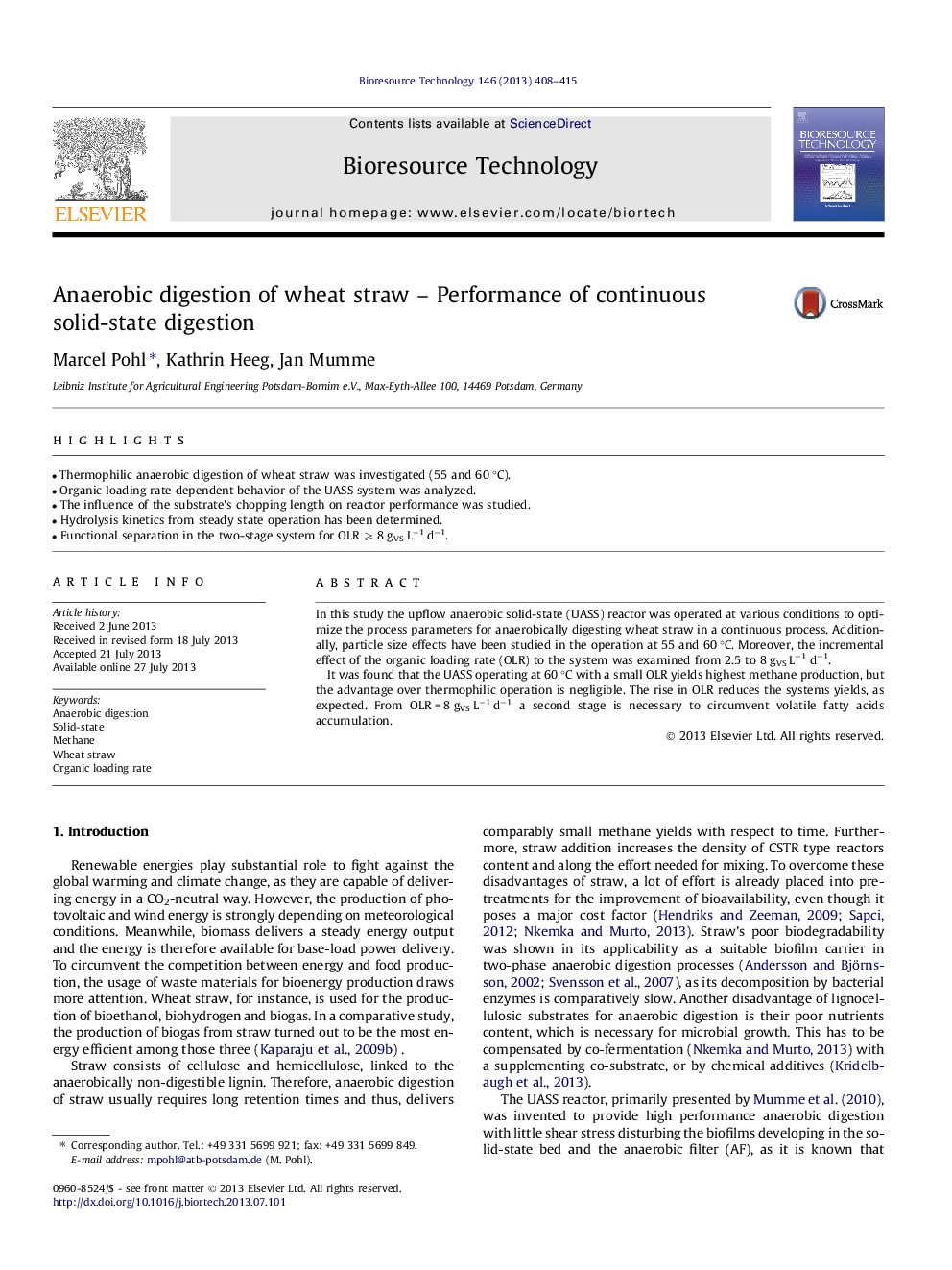 Anaerobic digestion of wheat straw - Performance of continuous solid-state digestion