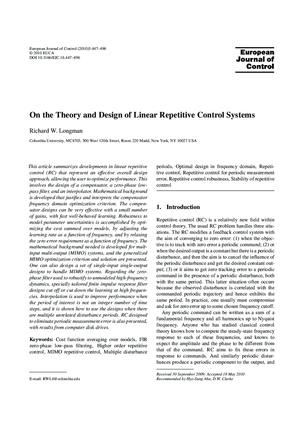 On the Theory and Design of Linear Repetitive Control Systemsg