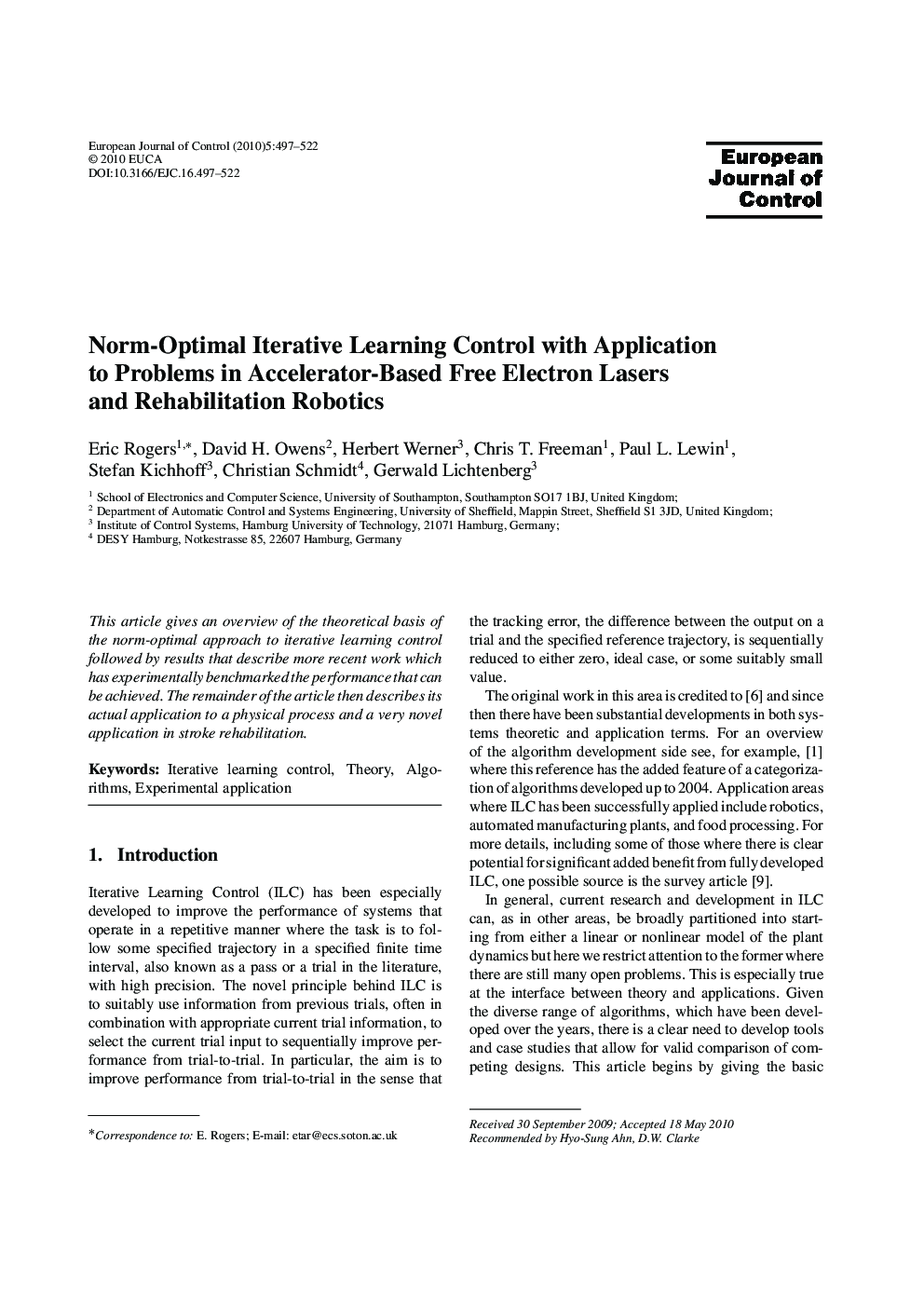 Norm-Optimal Iterative Learning Control with Application to Problems in Accelerator-Based Free Electron Lasers and Rehabilitation Robotics