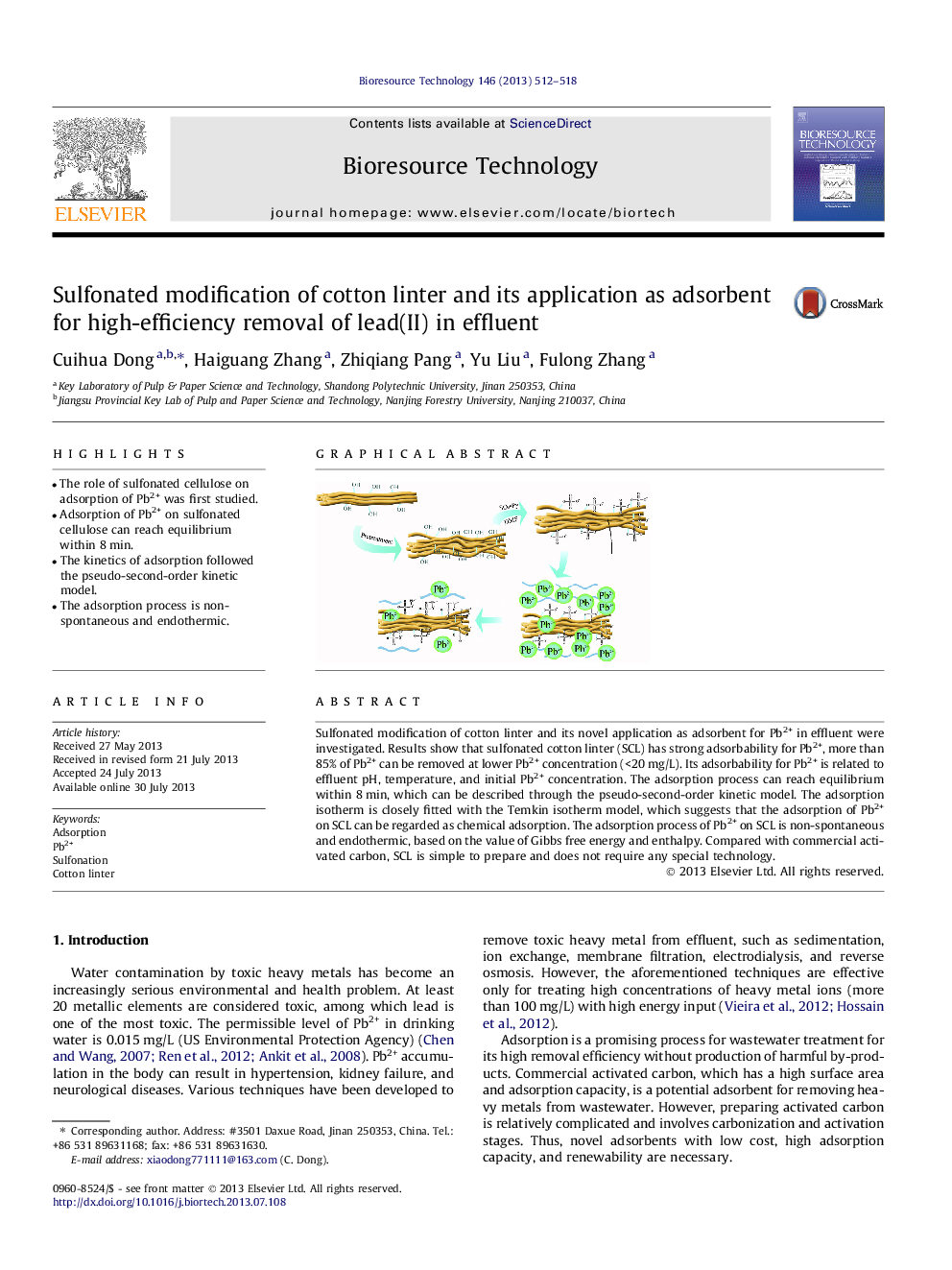 Sulfonated modification of cotton linter and its application as adsorbent for high-efficiency removal of lead(II) in effluent