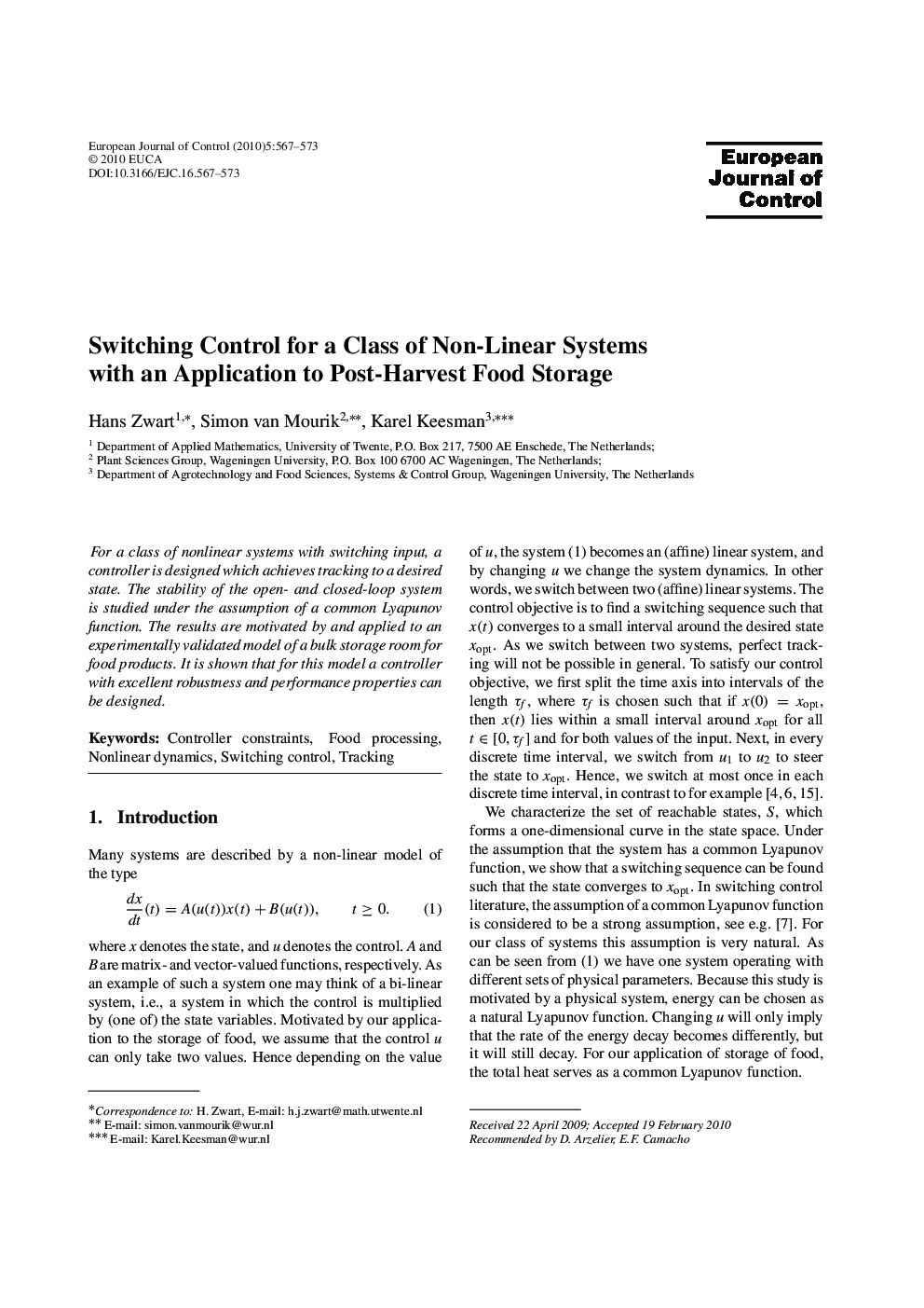 Switching Control for a Class of Non-Linear Systems with an Application to Post-Harvest Food Storage