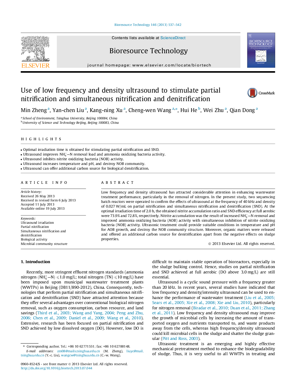 Use of low frequency and density ultrasound to stimulate partial nitrification and simultaneous nitrification and denitrification