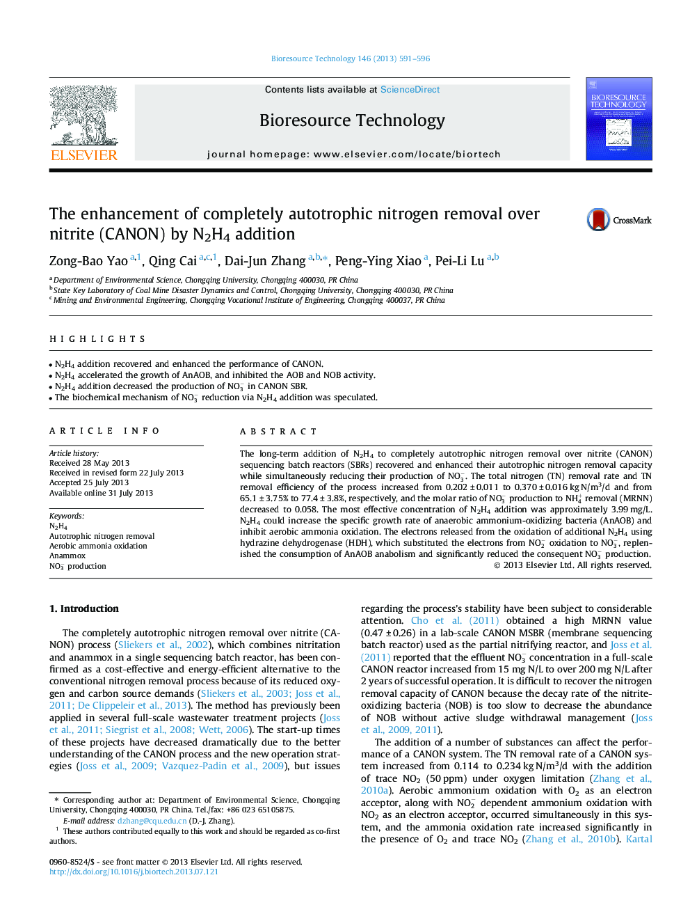 The enhancement of completely autotrophic nitrogen removal over nitrite (CANON) by N2H4 addition