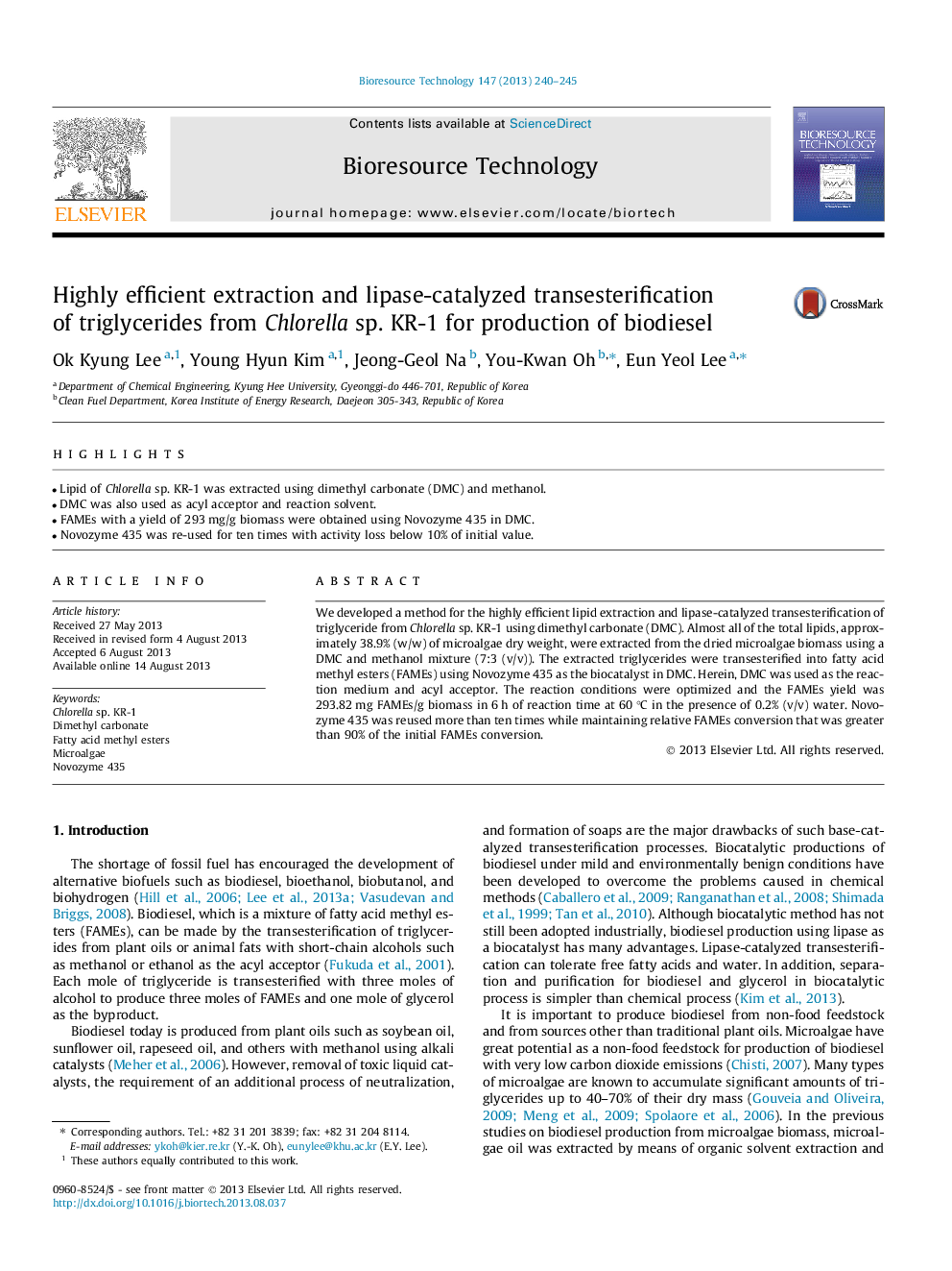 Highly efficient extraction and lipase-catalyzed transesterification of triglycerides from Chlorella sp. KR-1 for production of biodiesel