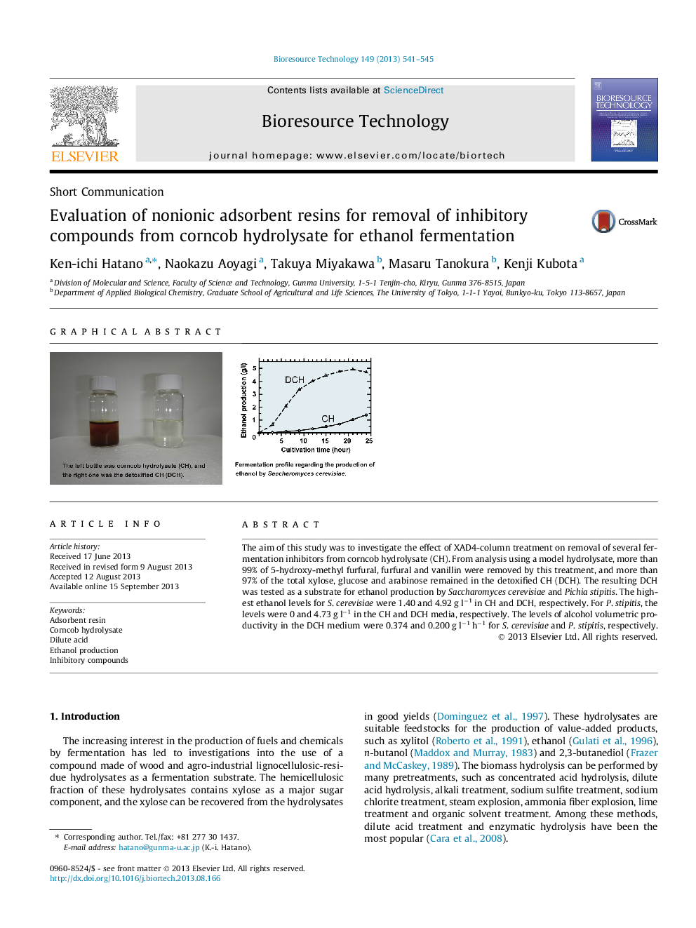 بررسی رزین های جاذب غیر یونی برای حذف ترکیبات مهار کننده از هیدرولیزات ذرت برای تخمیر اتانول 
