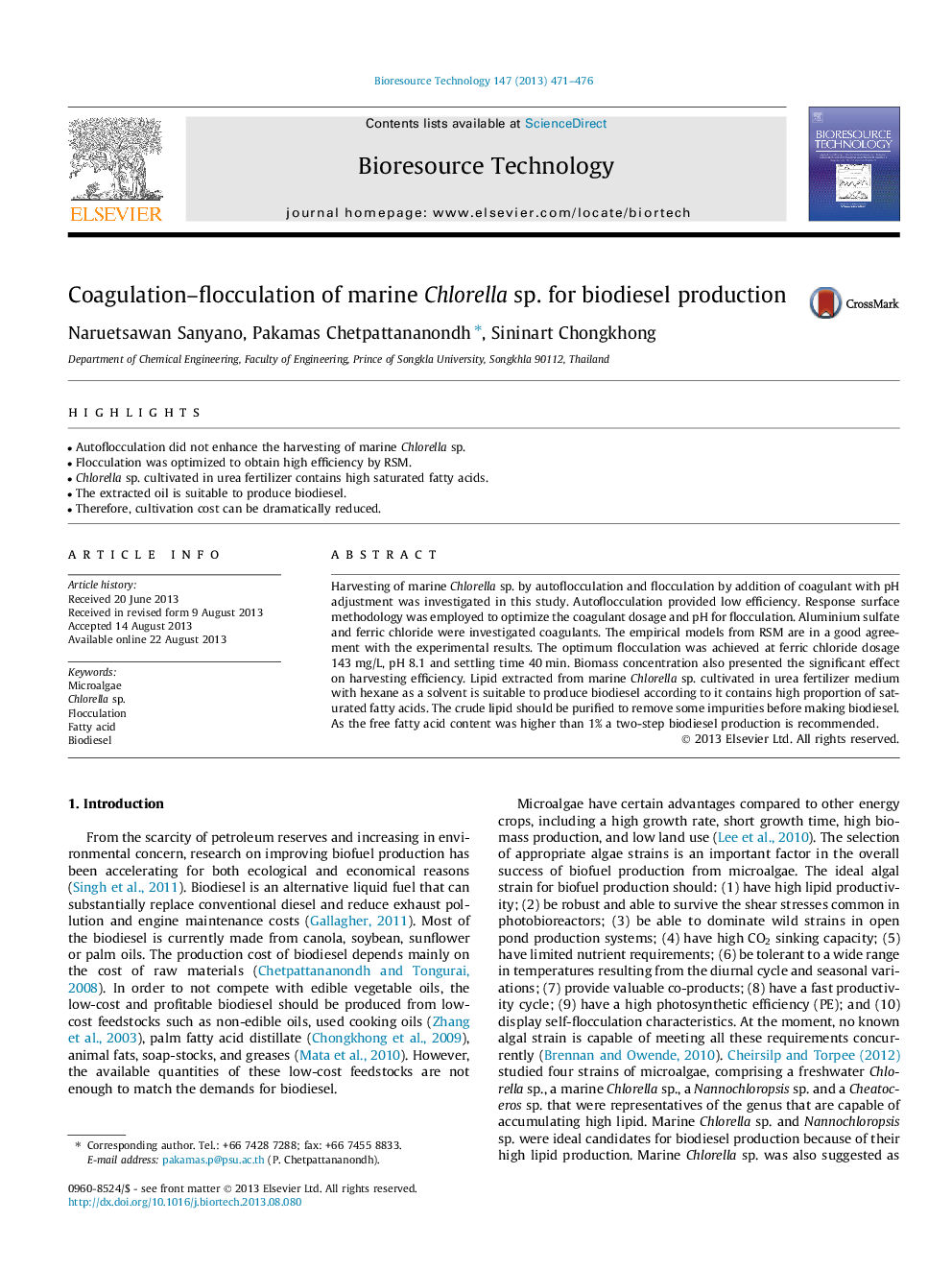 Coagulation-flocculation of marine Chlorella sp. for biodiesel production