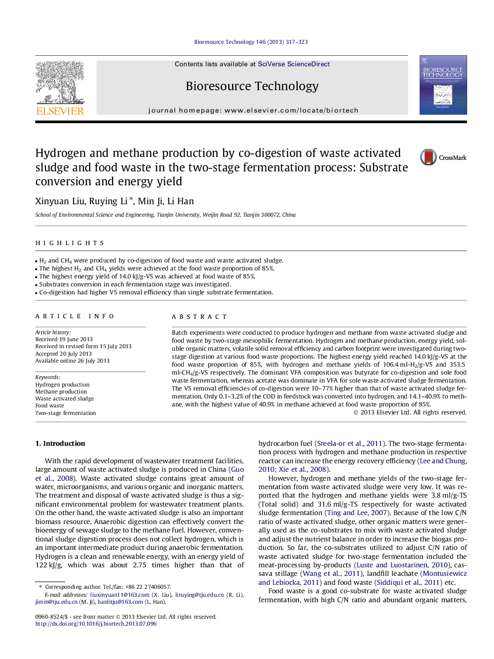 Hydrogen and methane production by co-digestion of waste activated sludge and food waste in the two-stage fermentation process: Substrate conversion and energy yield